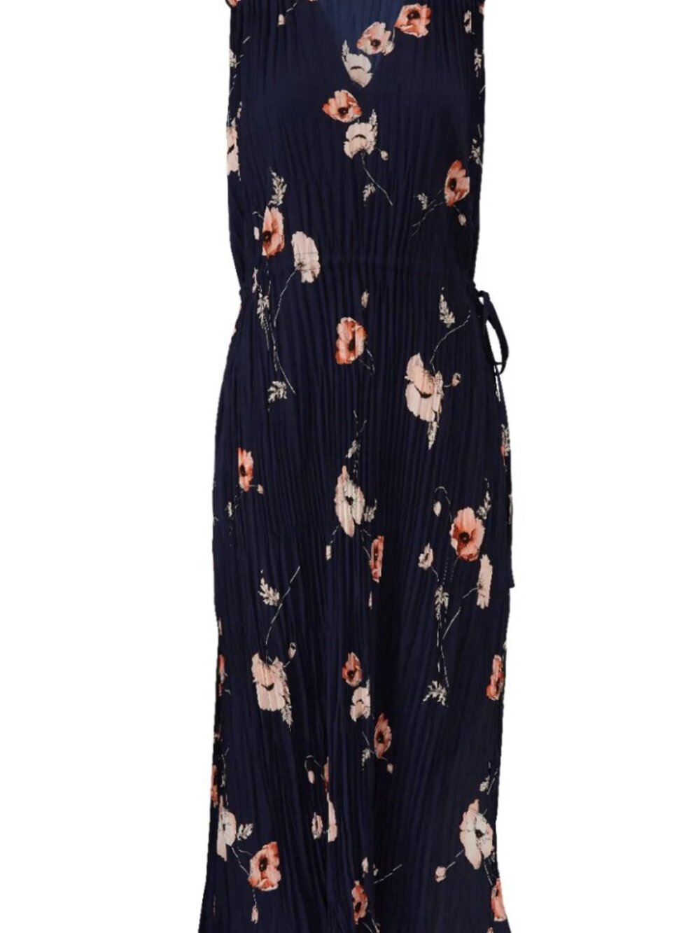 Vince (XS) Tossed Poppy Navy Pleated Floral V-neck Cinched Waist Midi